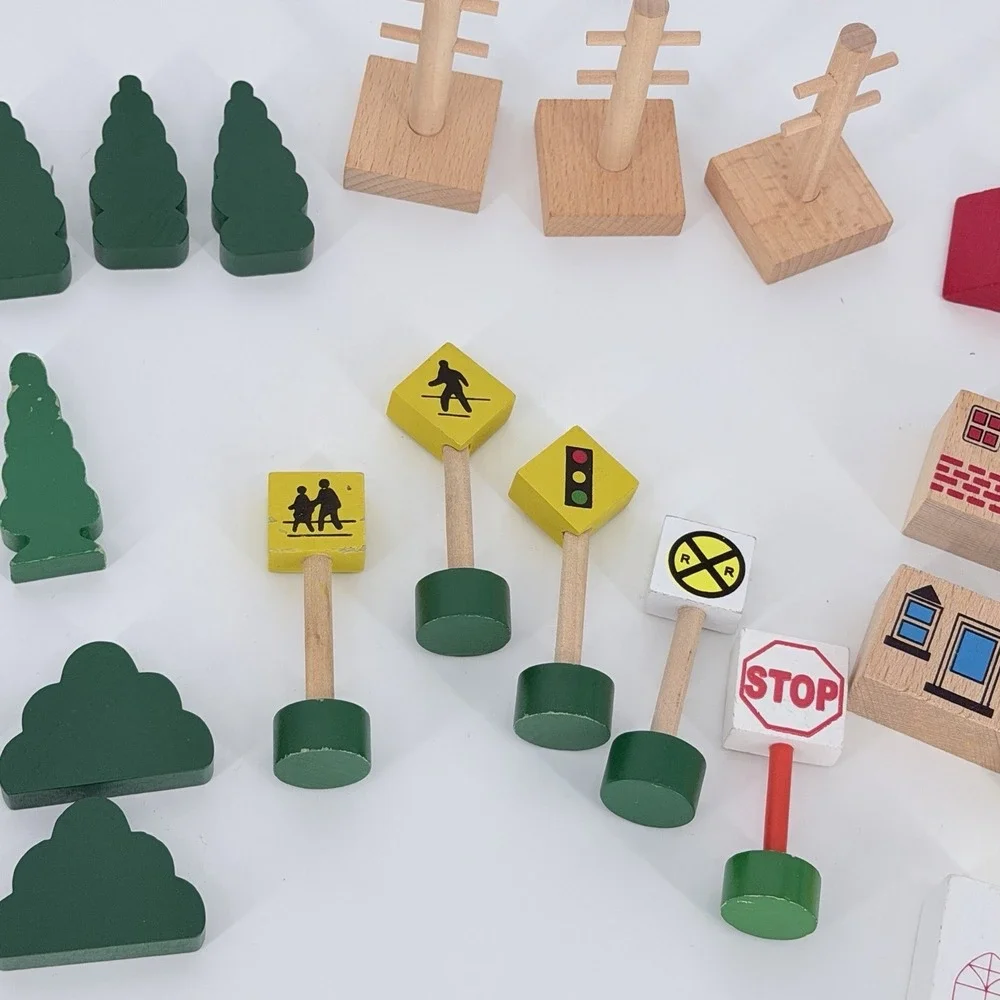 Wooden Railway Train Accessories Lot 45 Pc Figures Signs Buildings Trees